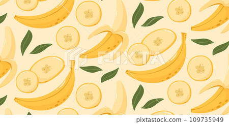 Banana seamless pattern. Whole fruit with peel and slices. Summer vitamin vector background for paper, cover, fabric, gift wrap. Cartoon flat style Banana seamless pattern. Whole fruit with peel and slices. Summer vitamin vector background for paper, cover, fabric, gift wrap. Cartoon flat style 109735949