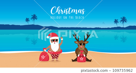 cute santa and deer with sunglasses on paradise beach summer christmas holiday vector illustration EPS10 109735962