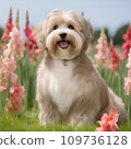 Light brown havanese dog wih short curly hair sitting in a field of gladioli. 109736128