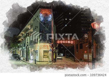 Watercolor painting style, Yokohama, Sakuragicho, Yoshida Town famous store street, Noraneko Street, Yokohama City, Kanagawa Prefecture Watercolor painting style, Yokohama, Sakuragicho, Yoshida Town famous store street, Noraneko Street, Yokohama City, Kanagawa Prefecture 109736424
