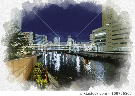 水彩畫風格，橫濱，櫻木町，大岡河和十字門，神奈川縣橫濱市北中橋 109736563