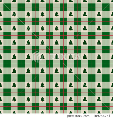 Green Christmas plaid seamless pattern with Christmas tree. Vector cozy winter checkered repeat background. Green Christmas plaid seamless pattern with Christmas tree. Vector cozy winter checkered repeat background. 109736761