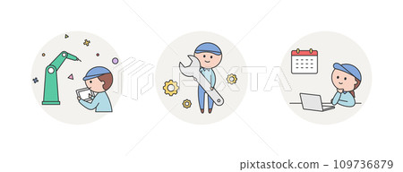 Men and women in work clothes working in a factory Men and women in work clothes working in a factory 109736879
