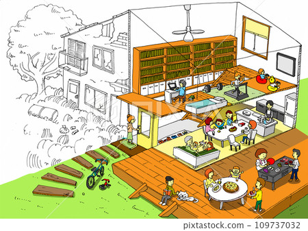 Before and after illustration of renovating a vacant house into a share house 109737032