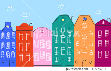 A set of doodle canal houses.Buildings pattern.Architecture of buildings line. Hand-drawn vector illustration. 109737118