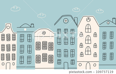 A set of doodle canal houses.Buildings pattern.Architecture of buildings line. Hand-drawn vector illustration. A set of doodle canal houses.Buildings pattern.Architecture of buildings line. Hand-drawn vector illustration. 109737119