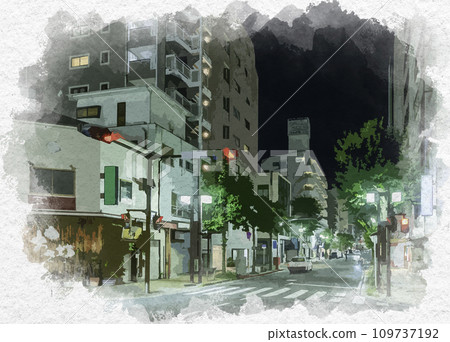 水彩風格橫濱櫻木町野毛本通宮橋十字路口神奈川縣橫濱市 109737192