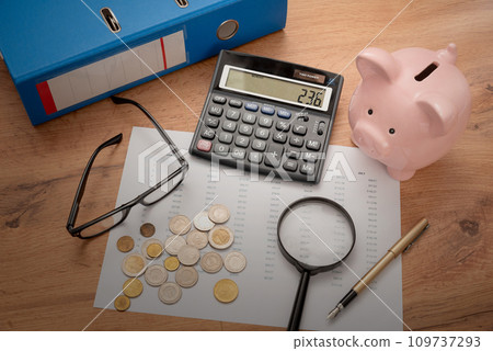 Finance concept with piggy bank and calculator Finance concept with piggy bank and calculator 109737293