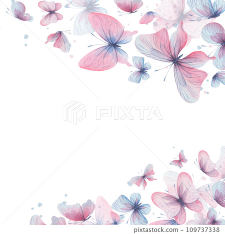 Butterflies are pink, blue, lilac, flying, delicate with wings and splashes of paint. Hand drawn watercolor illustration. Frame square, template, wreath on a white background, for design. Butterflies are pink, blue, lilac, flying, delicate with wings and splashes of paint. Hand drawn watercolor illustration. Frame square, template, wreath on a white background, for design. 109737338