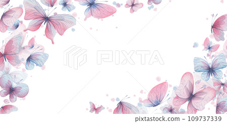 Butterflies are pink, blue, lilac, flying, delicate with wings and splashes of paint. Hand drawn watercolor illustration. Frame, template, wreath on a white background, for design. Butterflies are pink, blue, lilac, flying, delicate with wings and splashes of paint. Hand drawn watercolor illustration. Frame, template, wreath on a white background, for design. 109737339