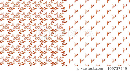 A pair of companion templates. Watercolor twigs in burnt umber color. Floral seamless patterns A pair of companion templates. Watercolor twigs in burnt umber color. Floral seamless patterns 109737349