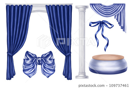 A set of draped items made of blue shiny fabric. Curtains, silk ribbons, bows, columns and pedestals. Decorations for interior, for windows, theatrical costumes and halls. Isolated illustration 109737461