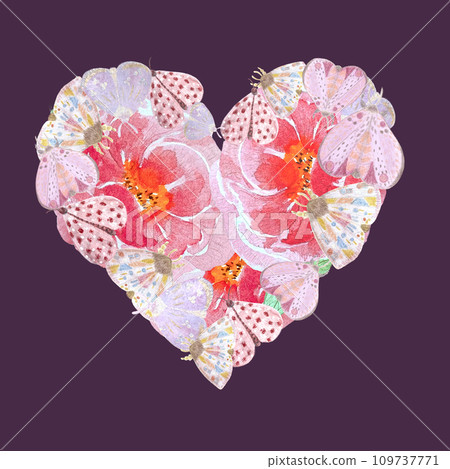 Hand painted watercolor delicate butterflies peonies heart on purple background Hand painted watercolor delicate butterflies peonies heart on purple background 109737771