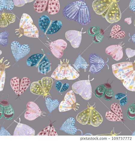 Hand painted watercolor delicate moth multidirectional pattern on grey background Hand painted watercolor delicate moth multidirectional pattern on grey background 109737772