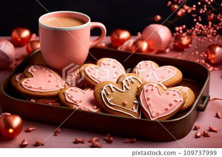 AI-generated content. A steaming coffee cup next to a heart-shaped cookie and an empty photo frame on the table for Valentine's day AI-generated content. A steaming coffee cup next to a heart-shaped cookie and an empty photo frame on the table for Valentine's day 109737999