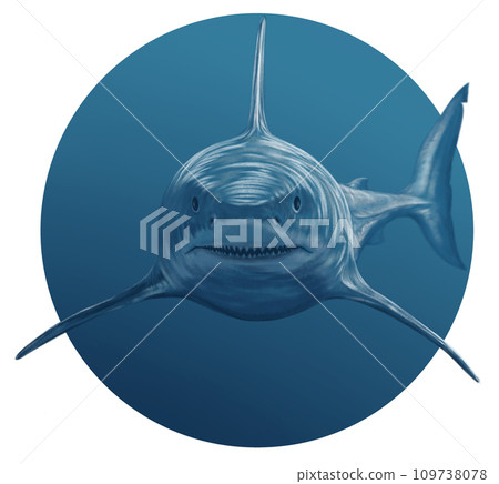The realistic digital painting of Great white shark front smiling in the circle shape underwater 109738078