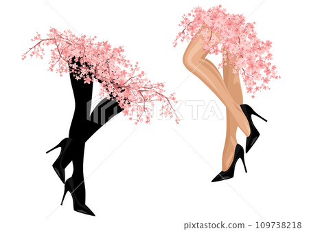 sexy woman legs wearing high heels shoes and spring flower branches skirt vector design 109738218