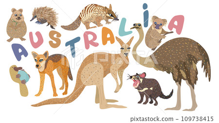 Vector set of cute australian animals with lettering. Vector set of cute australian animals with lettering. 109738415