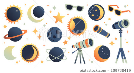 Solar Eclipse set. Cute illustration in flat style for kids education at school, stickers, scrapbooking, nursery room 109738419