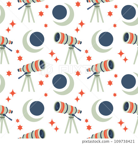 Moon Solar Eclipse Telescope seamless pattern in flat cartoon style for kids, scrapbooking, nursery room 109738421