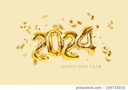 Happy New Year 2024 helium balloons with confetti on a beige background. New Year and Christmas, creative idea Happy New Year 2024 helium balloons with confetti on a beige background. New Year and Christmas, creative idea 109738858
