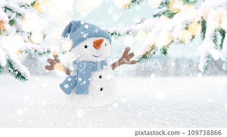 Beautiful fun snowman with a scarf and hat stands in the snow near a Christmas tree with lights. Christmas and New Year 2024 postcard, creative idea. Winter greeting card, concept. Beautiful fun snowman with a scarf and hat stands in the snow near a Christmas tree with lights. Christmas and New Year 2024 postcard, creative idea. Winter greeting card, concept. 109738866