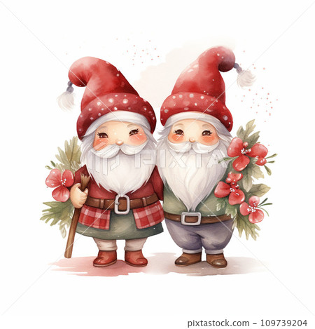 Watercolor Christmas gnomes. Hand painted illustration isolated on white background 109739204