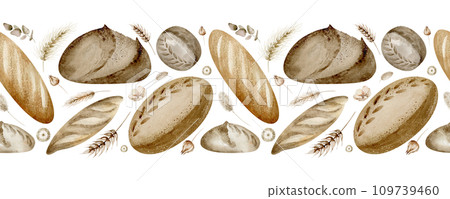 Watercolor seamless border of baking bread. Hand drawn wheat product. Horizontal background of baguette and food on isolated background. Drawing design for cafes and restaurants. 109739460