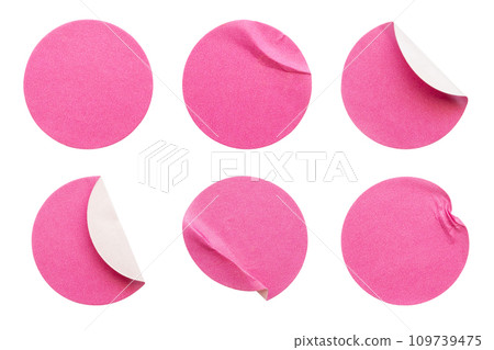 Blank pink round adhesive paper sticker label set collection isolated on white background Blank pink round adhesive paper sticker label set collection isolated on white background 109739475