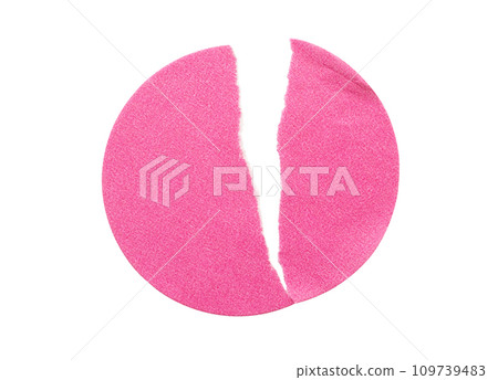 Blank pink round adhesive paper sticker label isolated on white background Blank pink round adhesive paper sticker label isolated on white background 109739483