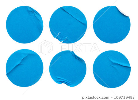 Blank blue round adhesive paper sticker label set collection isolated on white background Blank blue round adhesive paper sticker label set collection isolated on white background 109739492