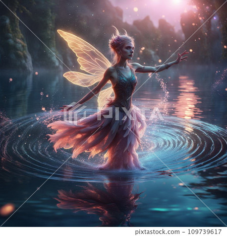 AI-generated content. Beautiful fairy girl dancing on water. 109739617