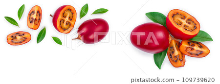Fresh tamarillo fruit with leaves isolated on white background with copy space for your text. Top view. Flat lay 109739620