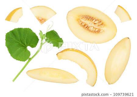 Melon half and slices isolated on white background. Top view. Flat lay 109739621