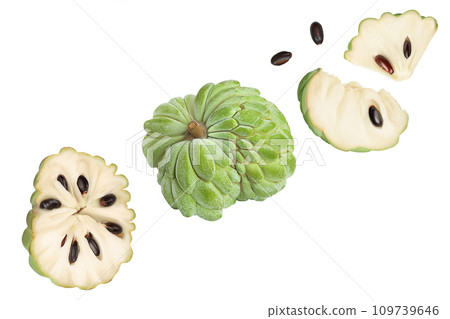 Sugar apple or custard apple isolated on white background . Exotic tropical Thai annona or cherimoya fruit. Top view. Flat lay Sugar apple or custard apple isolated on white background . Exotic tropical Thai annona or cherimoya fruit. Top view. Flat lay 109739646