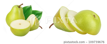 Green pear fruit with half isolated on white background with with full depth of field 109739676