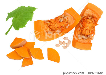 pumpkin or butternut squash piece isolated on white background. Top view. Flat lay pumpkin or butternut squash piece isolated on white background. Top view. Flat lay 109739684
