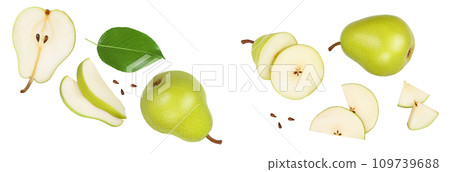 Green pear fruit with slices isolated on white background. Top view. Flat lay 109739688