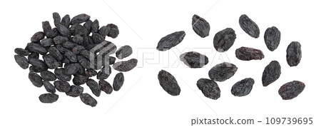 Black raisin isolated on white background . Top view. Flat lay Black raisin isolated on white background . Top view. Flat lay 109739695