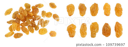 Yellow raisin isolated on white background . Top view. Flat lay Yellow raisin isolated on white background . Top view. Flat lay 109739697