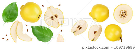 Fresh quince with half and slices isolated on the white background. Top view. Flat lay 109739699