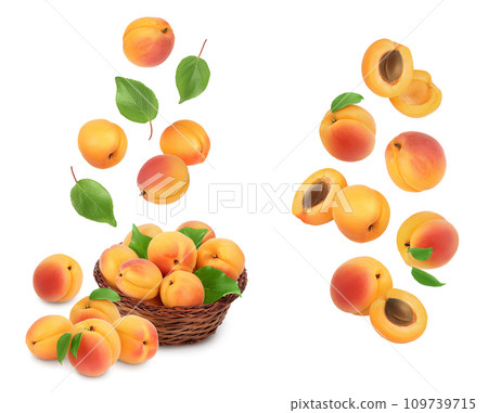 apricot fruit in Wicker basket isolated on white background. Clipping path and with full depth of field 109739715