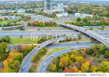 An aerial view of American freeway I-95 NJ Turnpike with heavy traffic moving fast 109739723