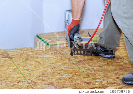 Using an air nail gun to install wooden plywood floors in new home Using an air nail gun to install wooden plywood floors in new home 109739756