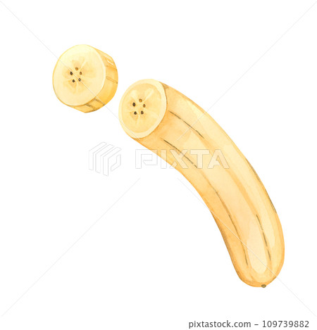 A ripe banana without peel, a piece of banana, a circle of fruit. All elements are hand-painted in watercolor. For printing on fabric and paper, for kitchens, textiles. Watercolor illustration. 109739882