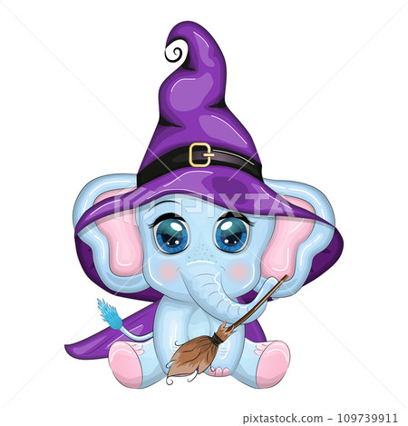 Cute cartoon elephant, childish character in wizard hat with pumpkin, potion or broom, halloween Cute cartoon elephant, childish character in wizard hat with pumpkin, potion or broom, halloween 109739911