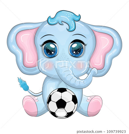 Cute cartoon elephant, children's character with beautiful eyes with a soccer ball, games for children and adults 109739923