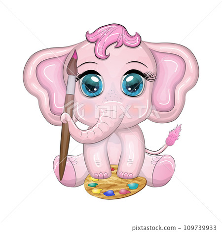 Cute cartoon elephant, child character with beautiful eyes with paints and brush, artist 109739933