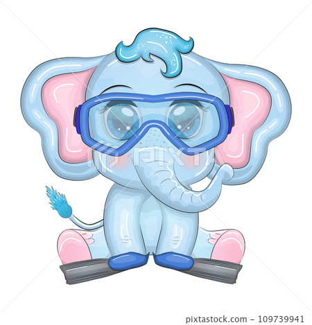 Cute cartoon elephant, child character with beautiful eyes, wearing flippers and mask, on the beach and on vacation. 109739941
