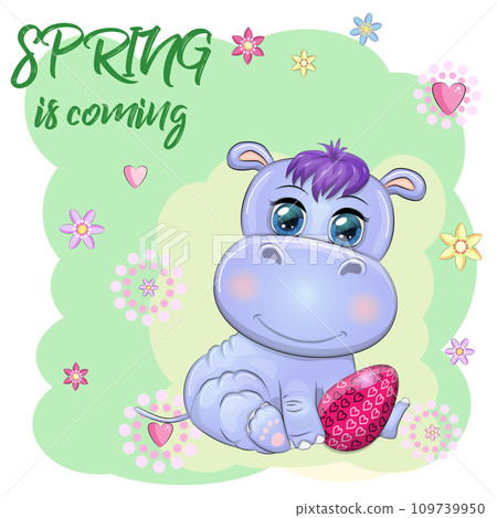 Cute cartoon hippo with Easter egg, Easter card 109739950